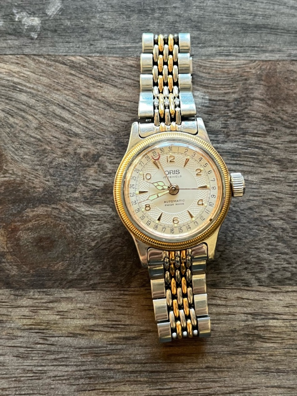 Oris Vintage Two-Tone Silver and Gold Women's Big Crown Pointer Watch Coin Edge